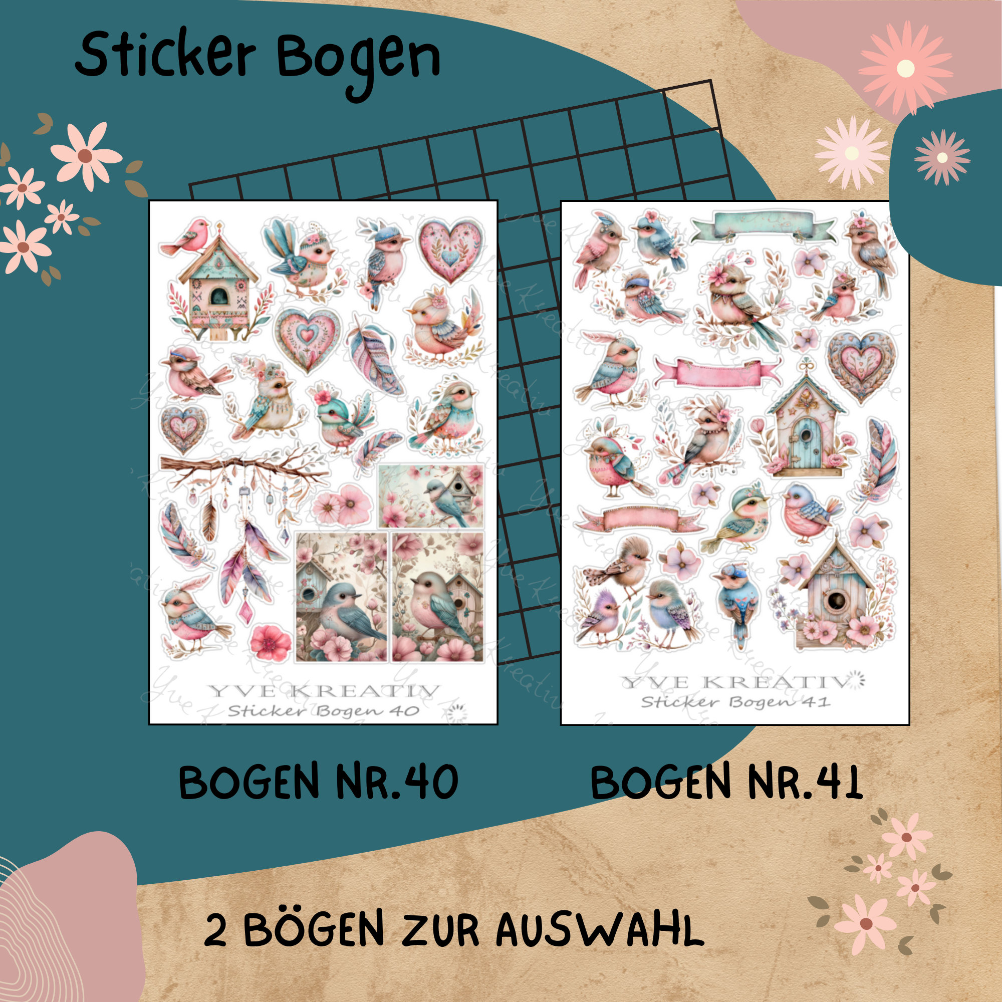 Sticker Bogen " Vögel Frühling " | Sticker Set - Aufkleber 2 Stickerbogen zur Auswahl in Weiß - Transparent - Matt - Glanz