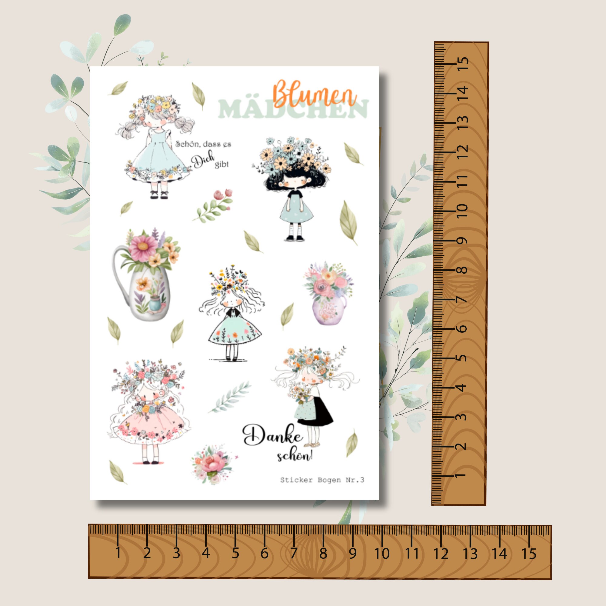 Stickerbogen Aufkleber  Stickerbogen "Blumen Mädchen" | Sticker Set - 3 Stickerbogen zur Auswahl in Weiß - Transparent - Matt - Glanz #SBA6
