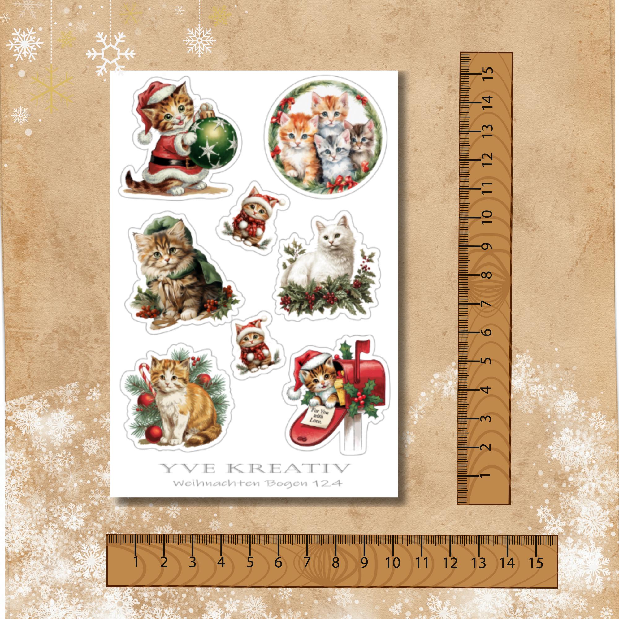 Aufkleber, Weihnachts Katzen, Sticker - 2 Stickerbogen zur Auswahl in Weiß - Transparent - Matt - Glanz  #SBA6
