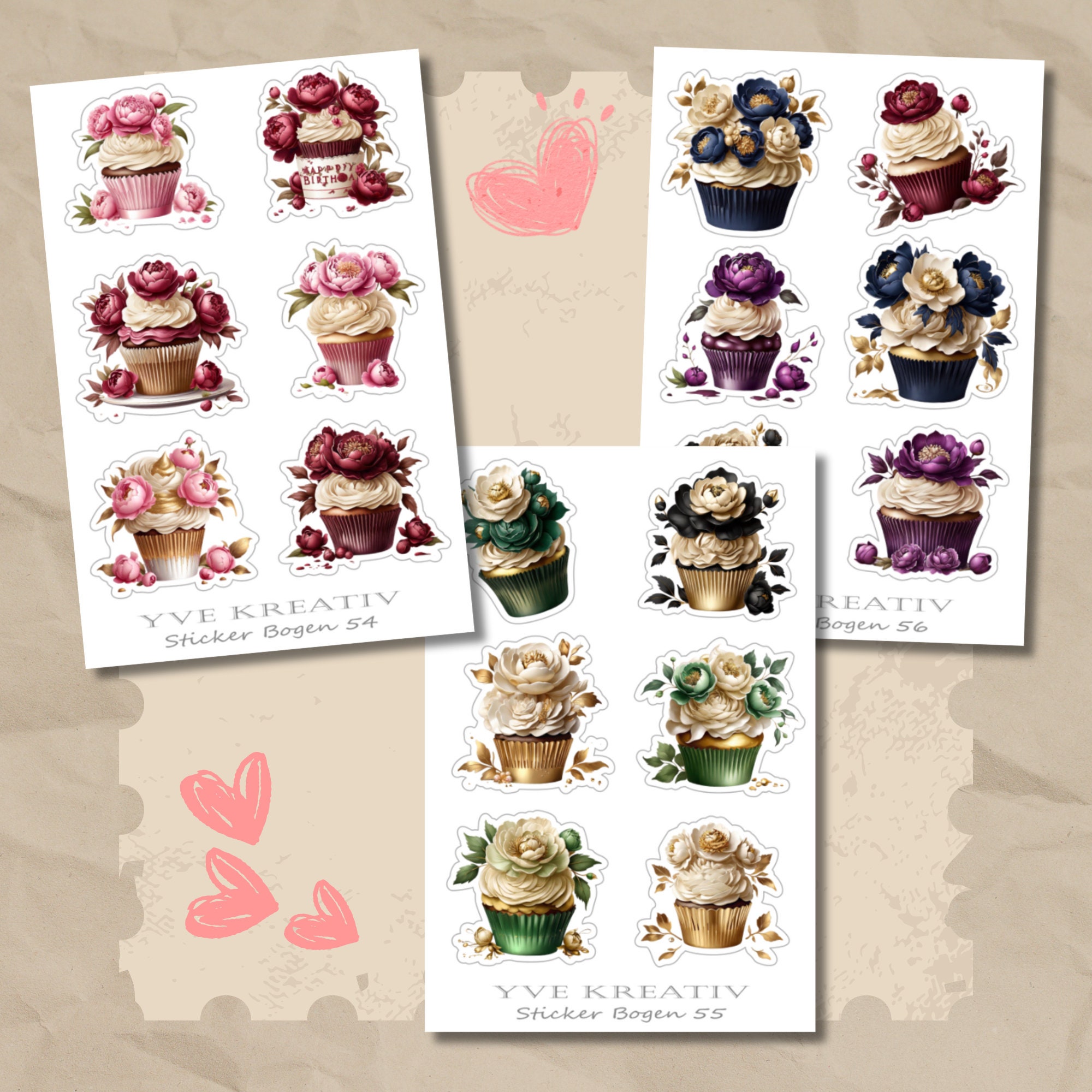 Sticker Bogen, Aufkleber, Cupcake, Muffin | Sticker Set - 3 Stickerbogen zur Auswahl in Weiß - Transparent - Matt - Glanz  #SBA6
