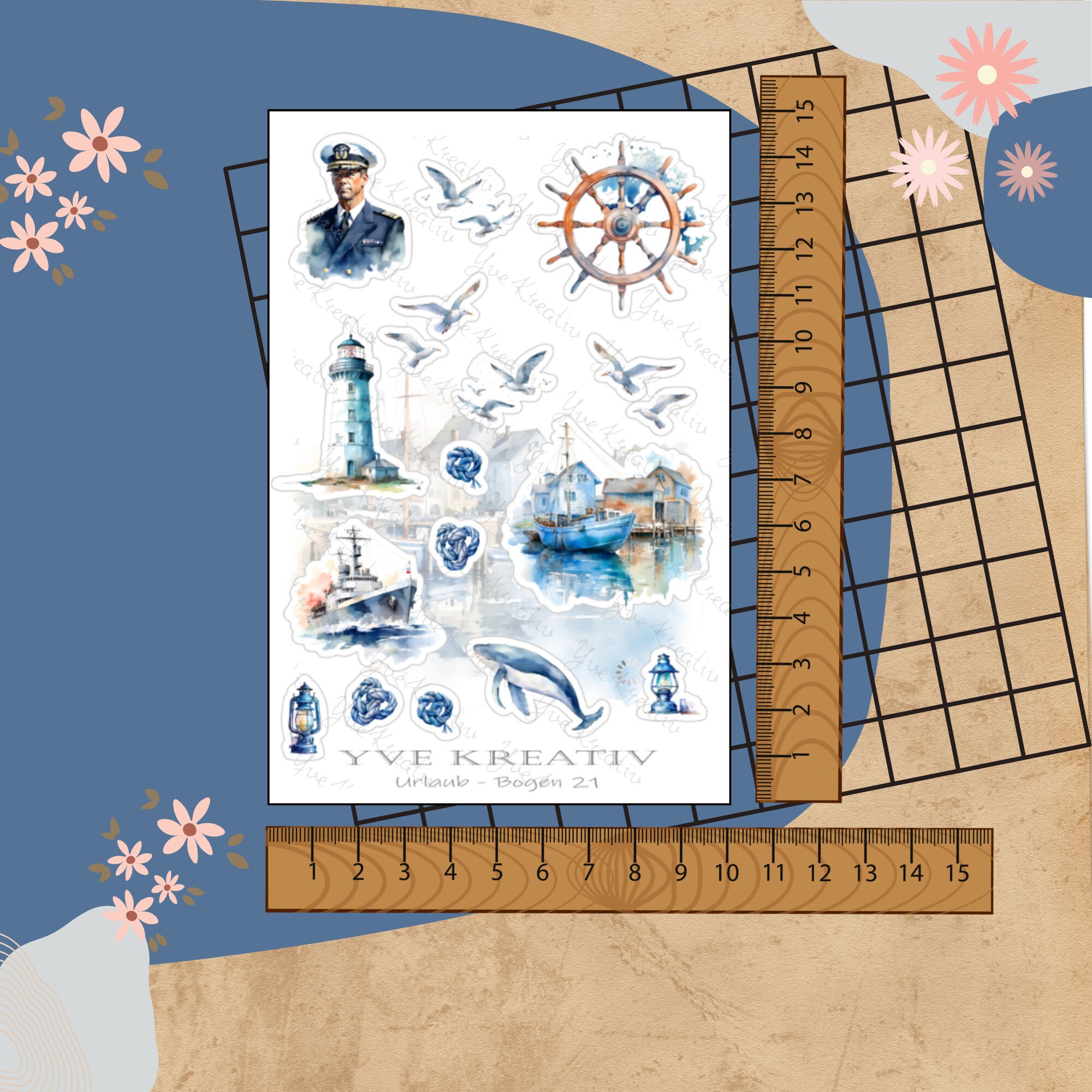Sticker Bogen " Maritim Meer Urlaub Reisen " | Set - Aufkleber 2 Stickerbögen zur Auswahl in Weiß - Transparent - Matt - Glanz