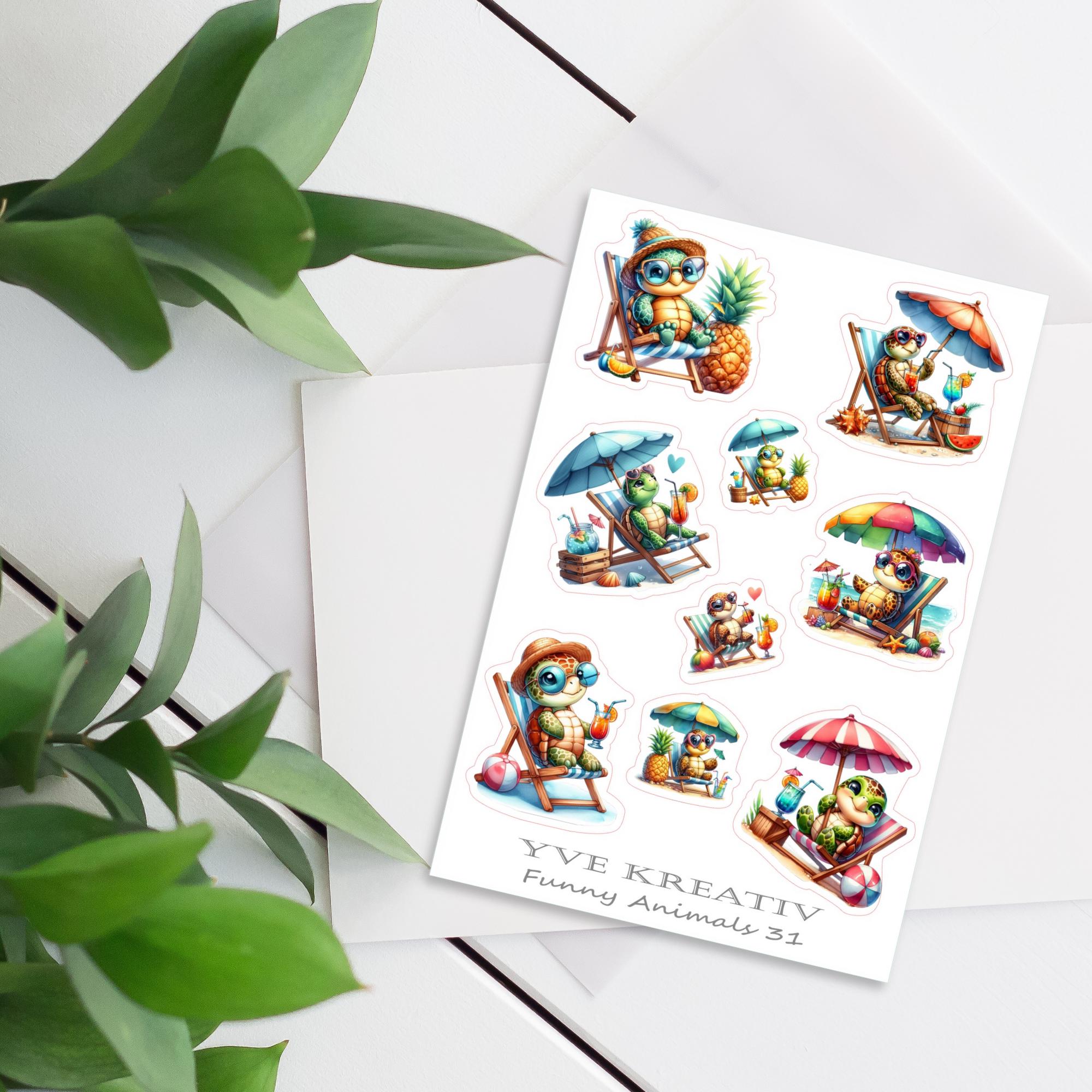Aufkleber Bogen Sticker Sommer Urlaub Strand Schildkröte Sticker Set, Stickerbogen zur Auswahl in Weiß - Transparent - Matt - Glanz #SBA6 Aufkleber Bogen Sticker Sommer Urlaub Strand Schildkröte Sticker Set, Stickerbogen zur Auswahl in Weiß - Transparent - Matt - Glanz #SBA6