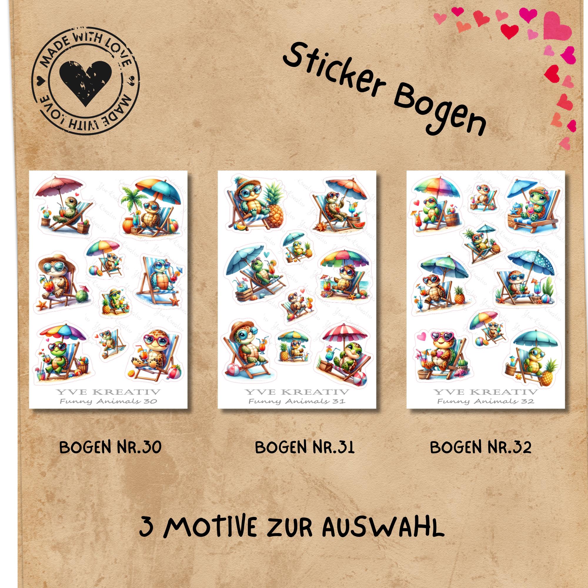 Aufkleber Urlaub Schildkröte Stickerbogen Strand Reise Sticker Set - 3 Bögen zur Auswahl in Weiß - Transparent - Matt - Glanz  #SBA6
