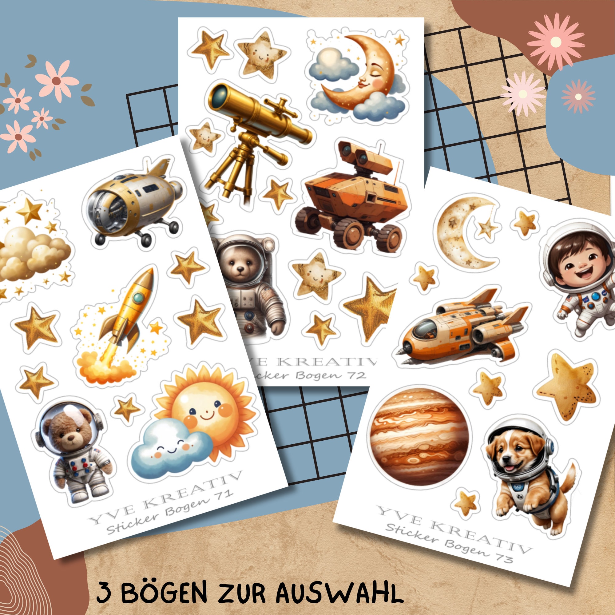 Stickerbogen, Aufkleber - Astronaut, Planeten, Raumfahrt | Sticker Set - 3 Bögen zur Auswahl in Weiß - Transparent - Matt - Glanz  #SBA6