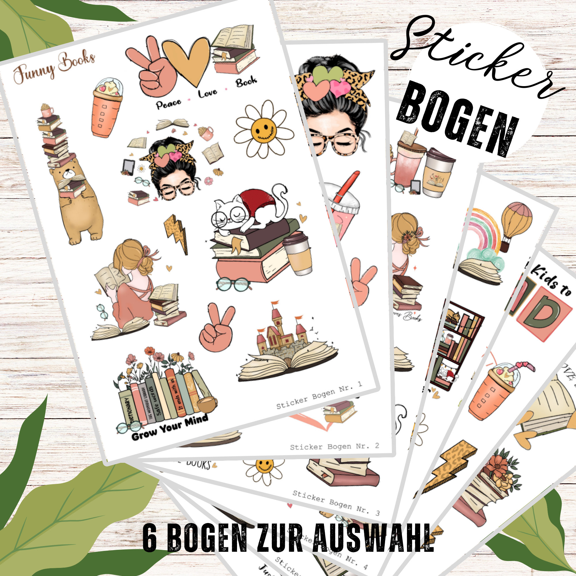 Sticker Bogen - Funny Books | Sticker Set - Journal Sticker - Aufkleber 6 Bögen zur Auswahl in Weiß oder Transparent