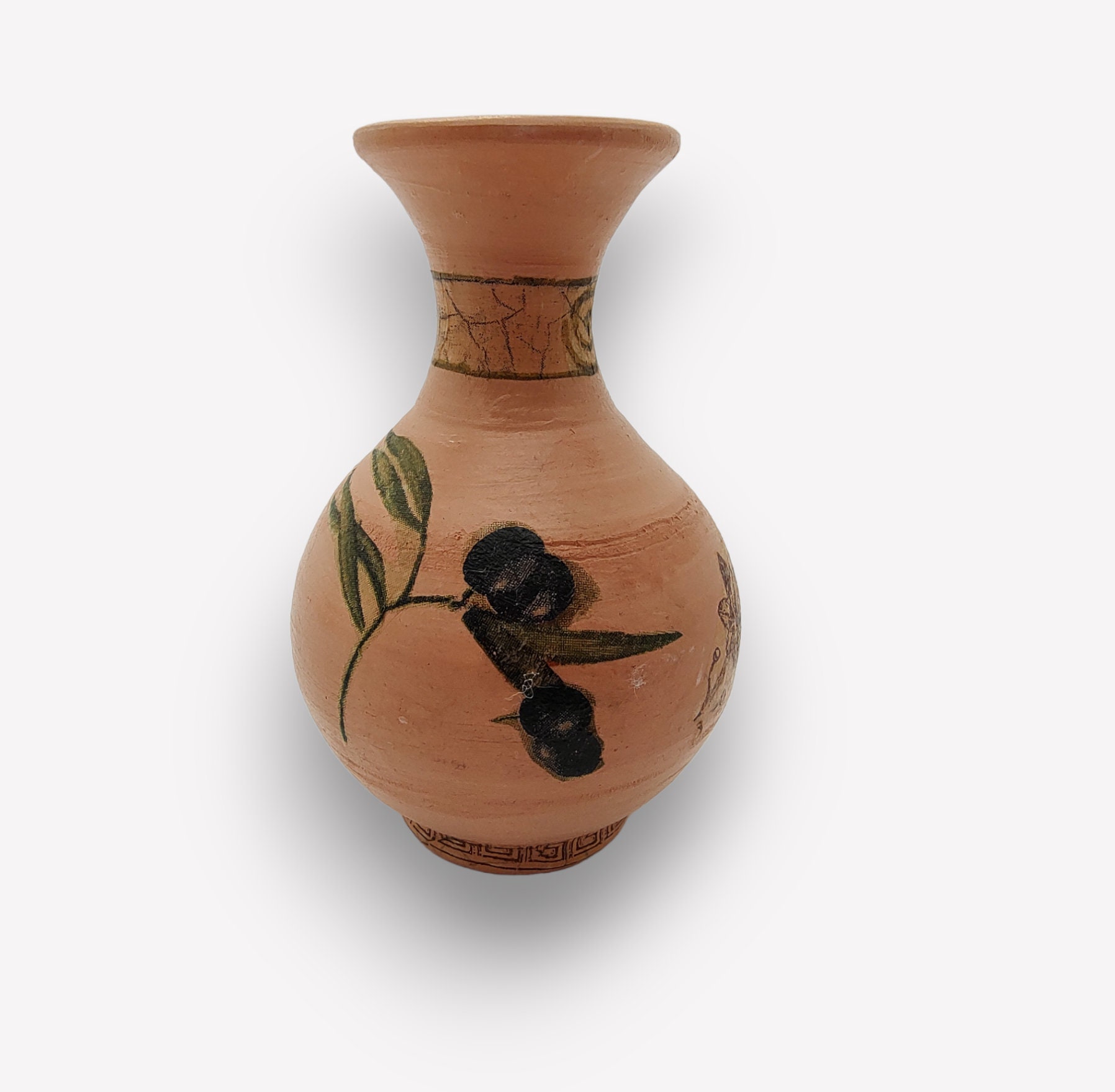Kleine Ton -Vase verziert mit Serviettentechnik