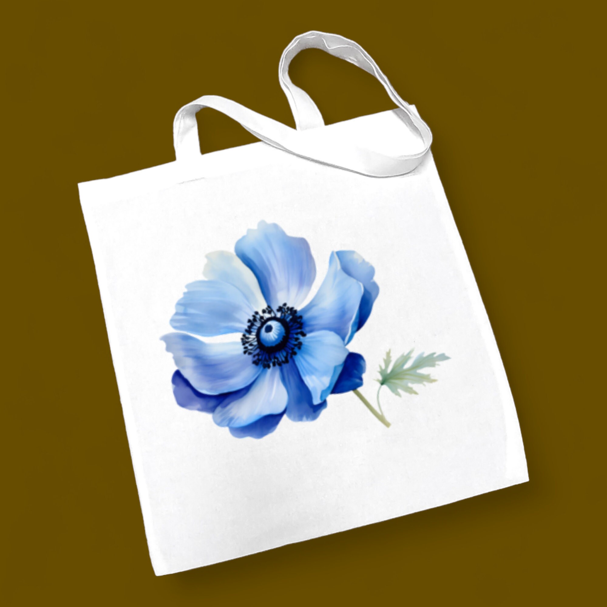 Stofftasche, Stoffbeutel, Einkaufstasche, Tasche, Geschenk zum Muttertag, Geburtstag, in Weiß oder Beige, "Anemone, Blüte, Blau"