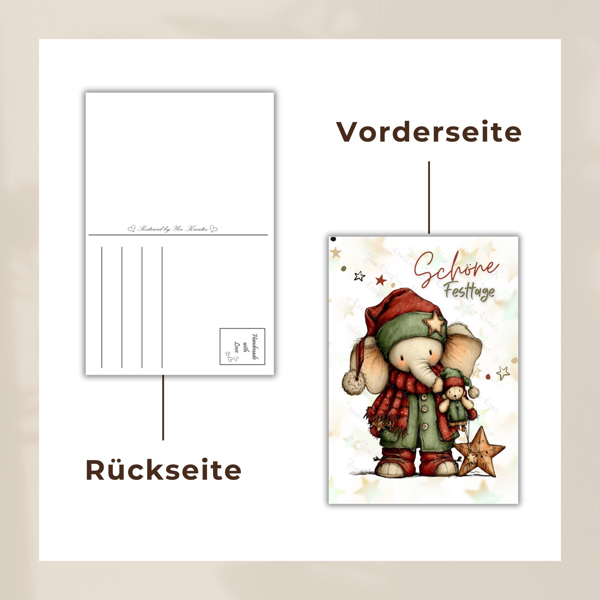 Postkarte niedlicher Weinachts Elefant Grußkarte Karte zu Weihnachten Weihnachtskarte Geschenkkarte Leinenstruktur Karte A6 #PWE184