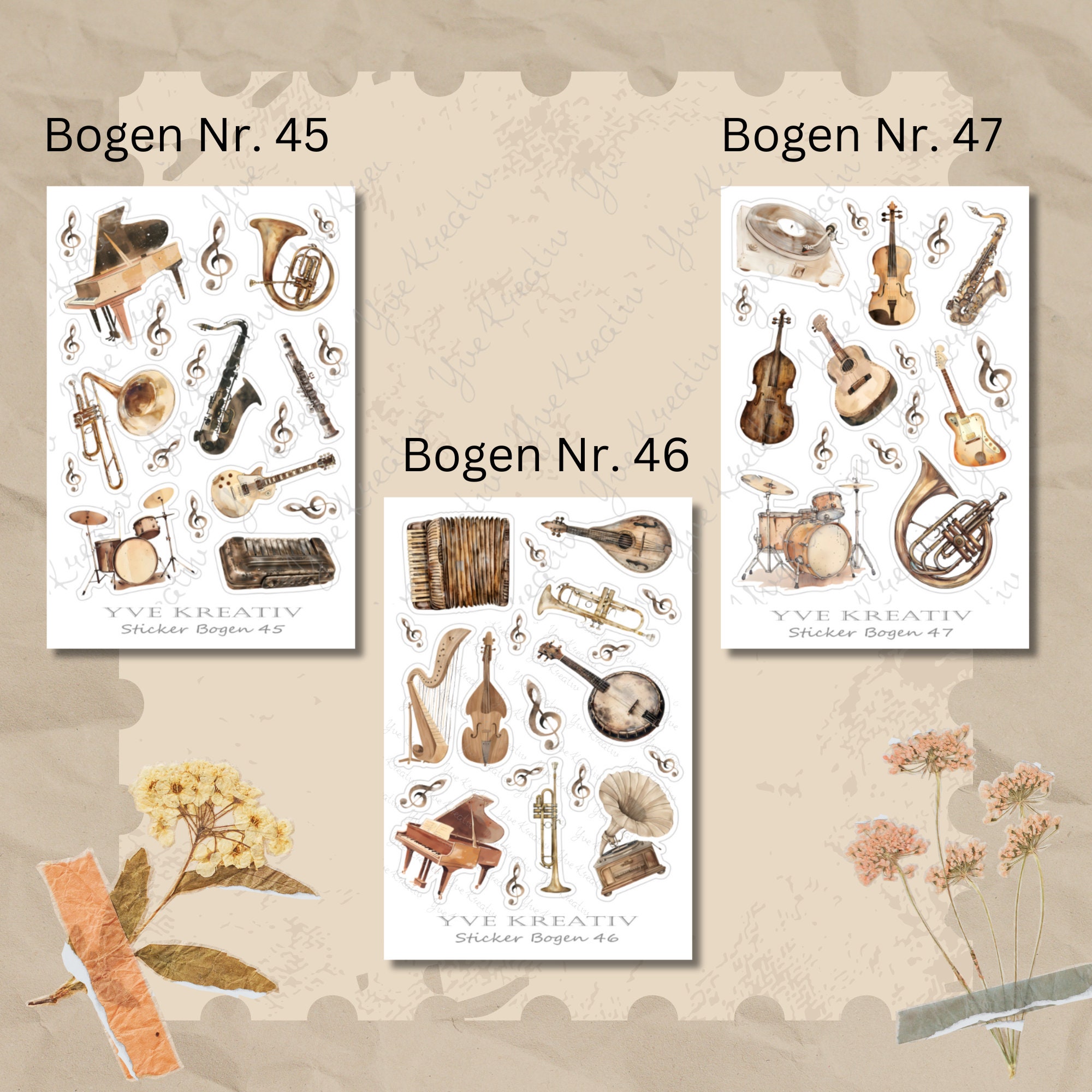 Sticker Bogen, Musik Instrumente, Sticker Set, Aufkleber, 3 Stickerbogen zur Auswahl in Weiß - Transparent - Matt - Glanz#SBA6