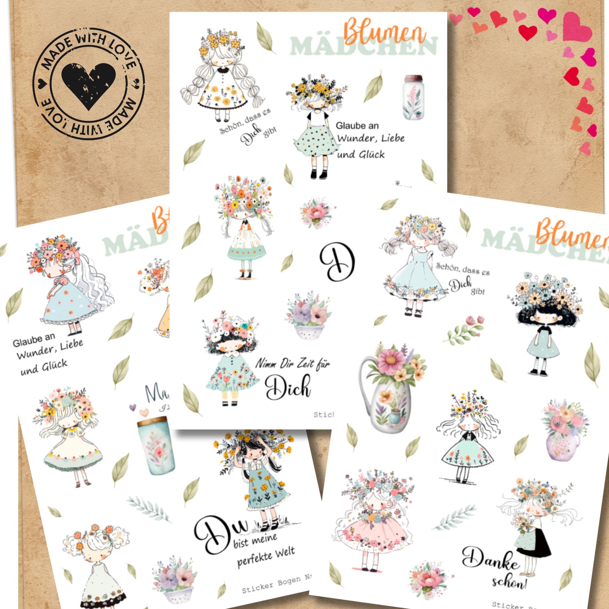 Aufkleber Blumenmädchen Sticker Bogen Blumen Stickerbogen Motivation 3 Bögen zur Auswahl in Weiß - Transparent - Matt - Glanz #SBA6