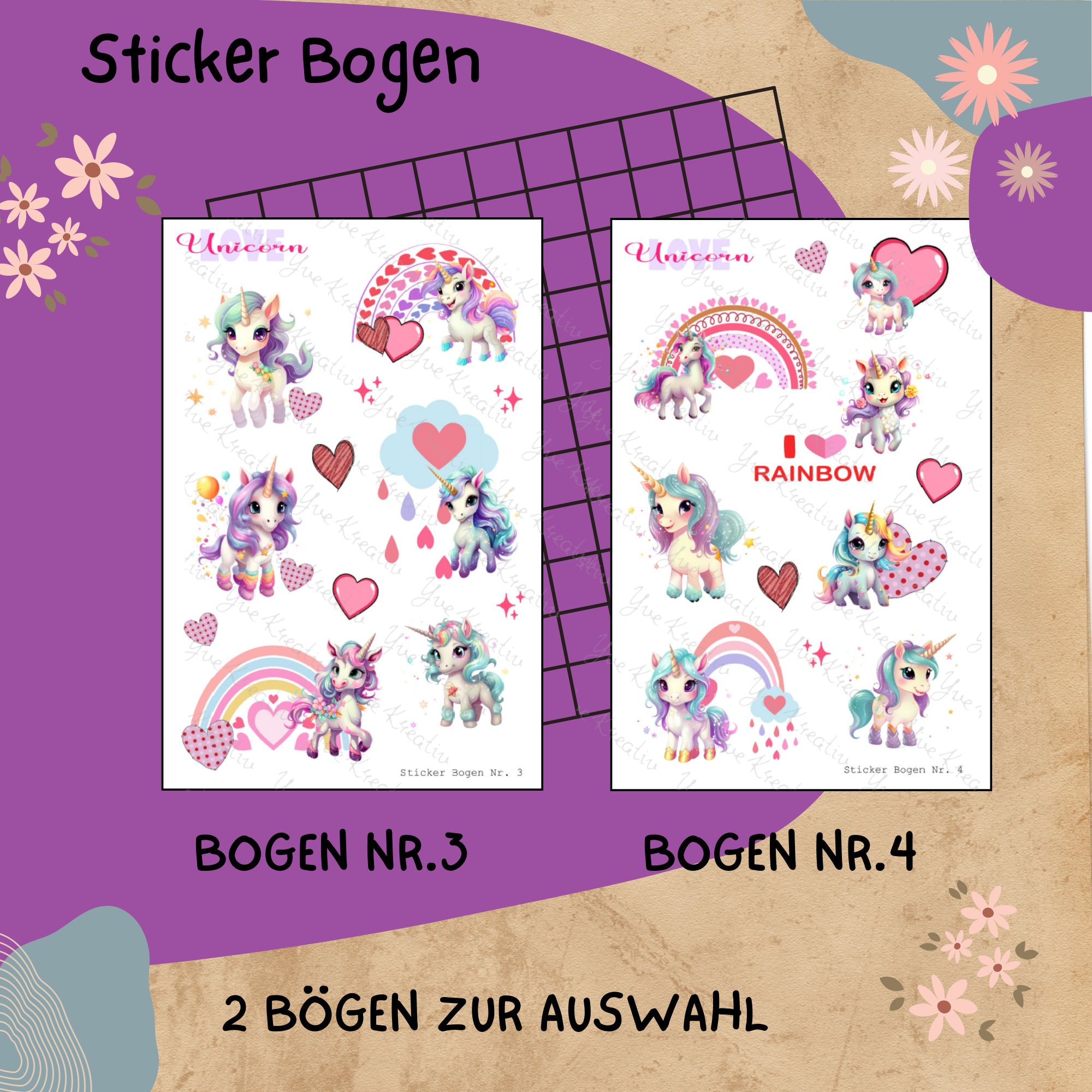 Sticker Bogen Aufkleber Einhorn Love  | Sticker Set - Aufkleber 2 Stickerbogen zur Auswahl in Weiß - Transparent - Matt - Glanz  #SBA6
