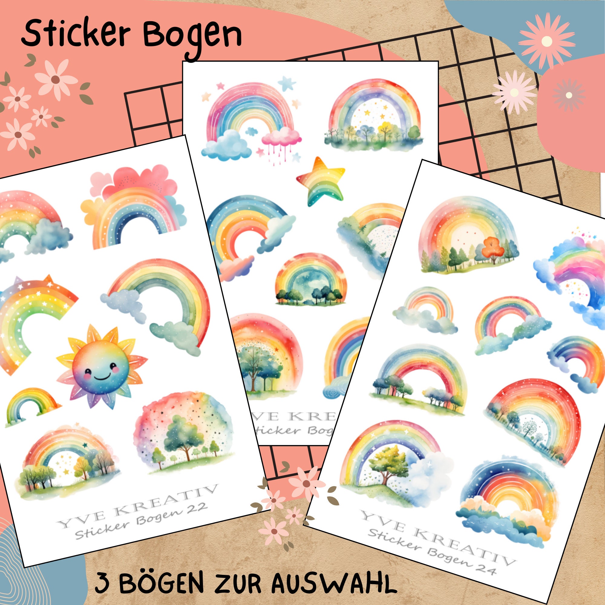 Sticker Bogen " Regenbogen kunterbunt" | Sticker Set - Aufkleber 3 Stickerbogen zur Auswahl in Weiß - Transparent - Matt - Glanz