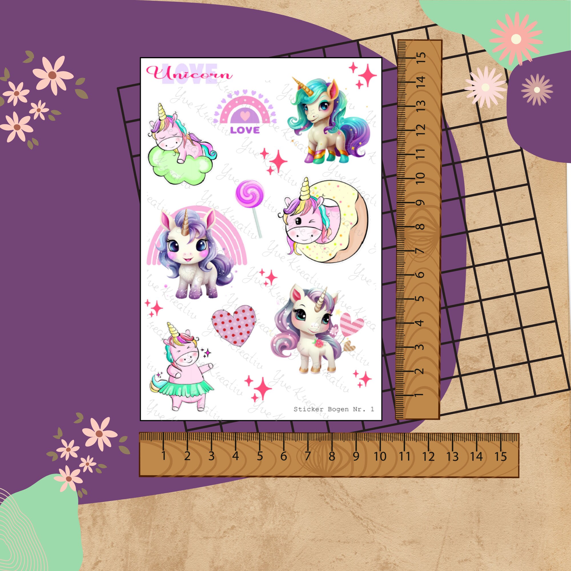 Sticker Bogen " Einhorn - Unicorn Love " | Sticker Set - Aufkleber 2 Stickerbogen zur Auswahl in Weiß - Transparent - Matt - Glanz  #SBA6