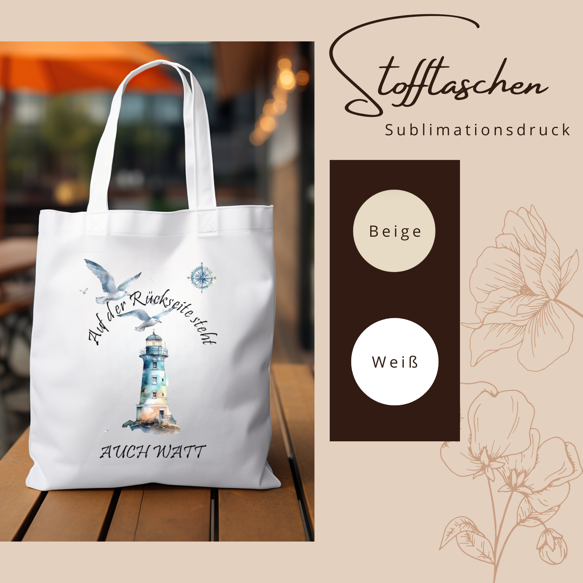 Stofftasche Maritim Stoffbeutel Leuchtturm Einkaufstasche Urlaub Tragetasche Reise Urlaubstasche Reisegeschenk beidseitig bedruckt #STSUB