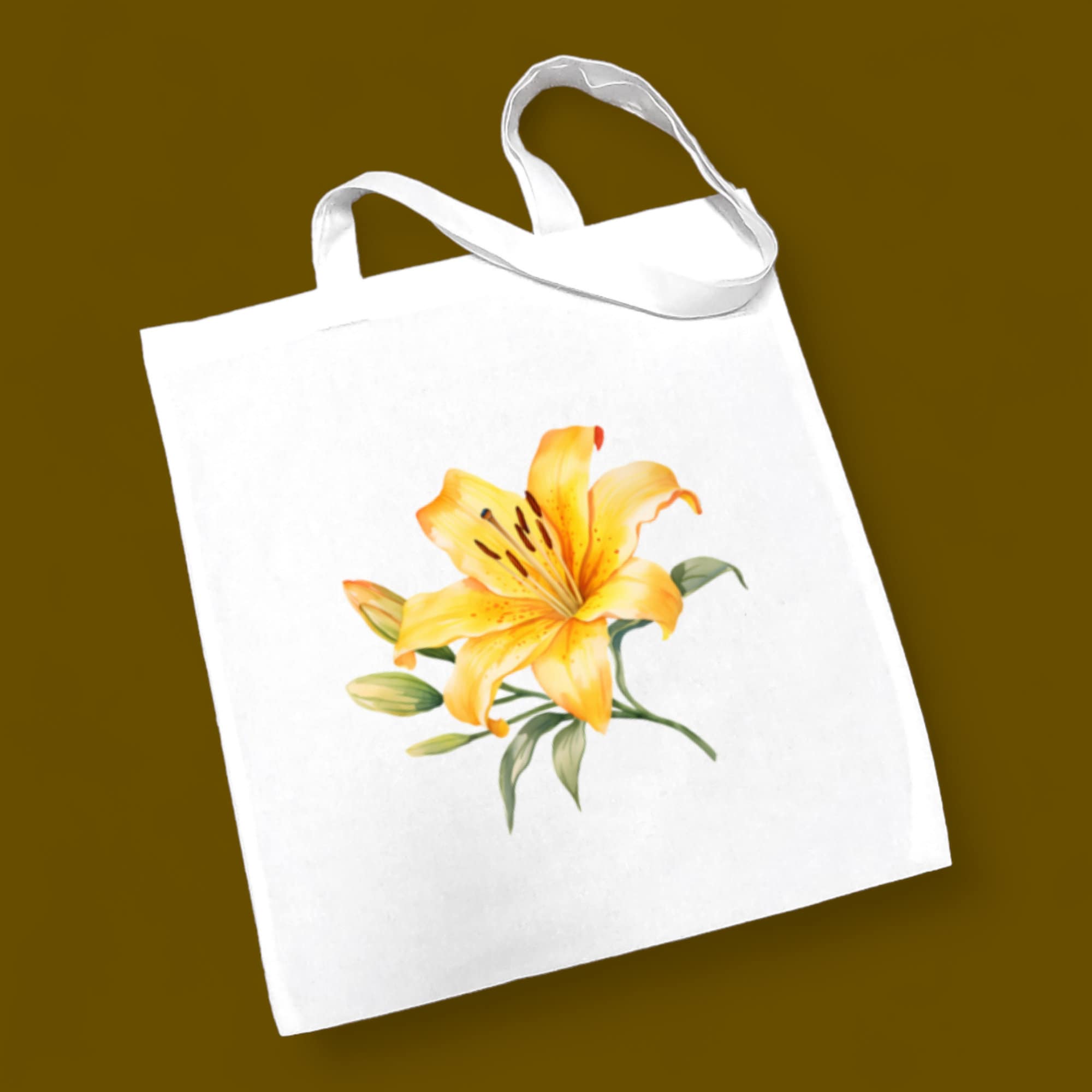 Stofftasche, Stoffbeutel, Einkaufstasche, Tasche, Geschenk zum Muttertag, Geburtstag in Weiß oder Beige "Lilie Blüte Gelb"