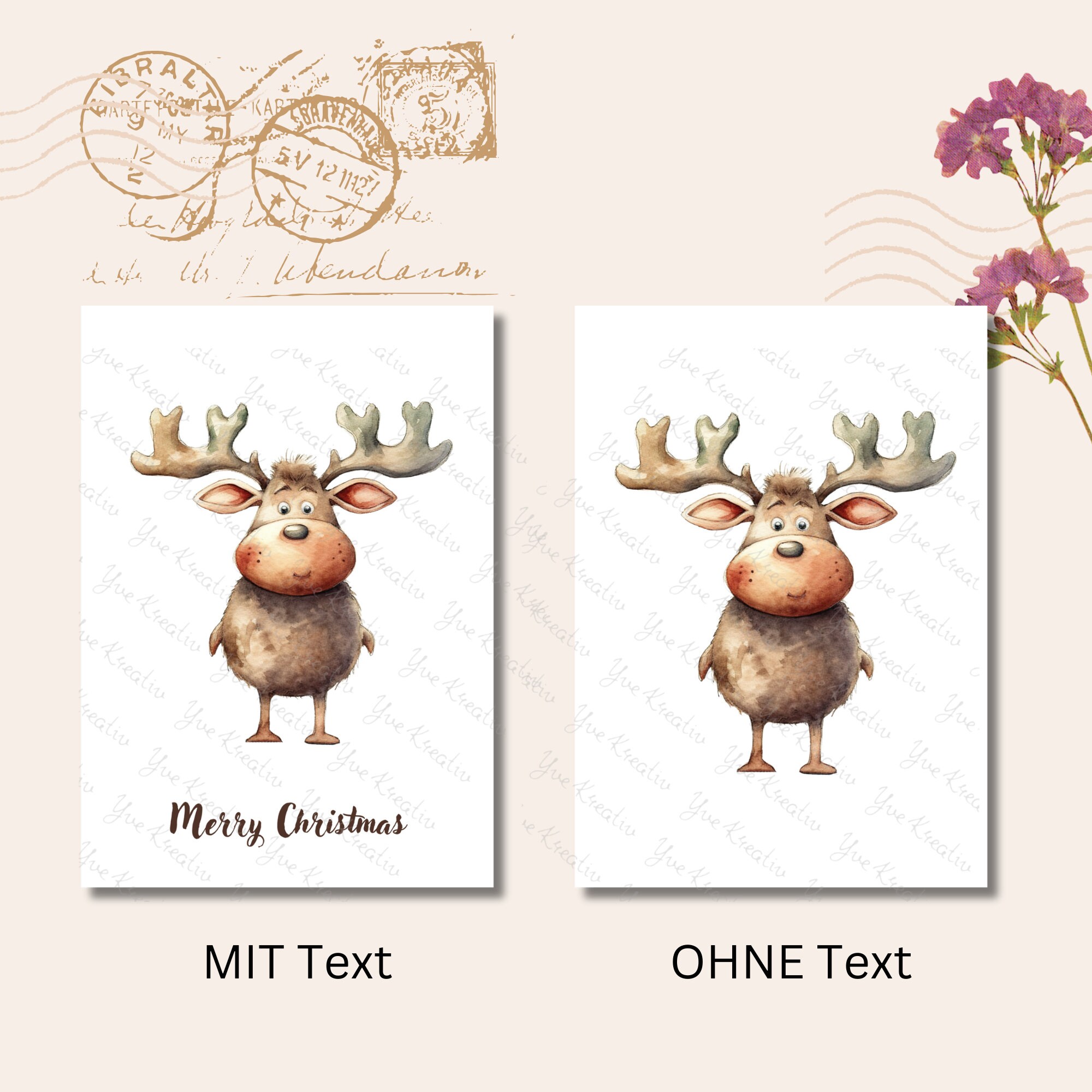 Postkarte, Grußkarte, Weihnachten, Rentier, Weihnachtskarte, Geschenkkarte I MIT oder OHNE Text "Merry Christmas"  #PLS