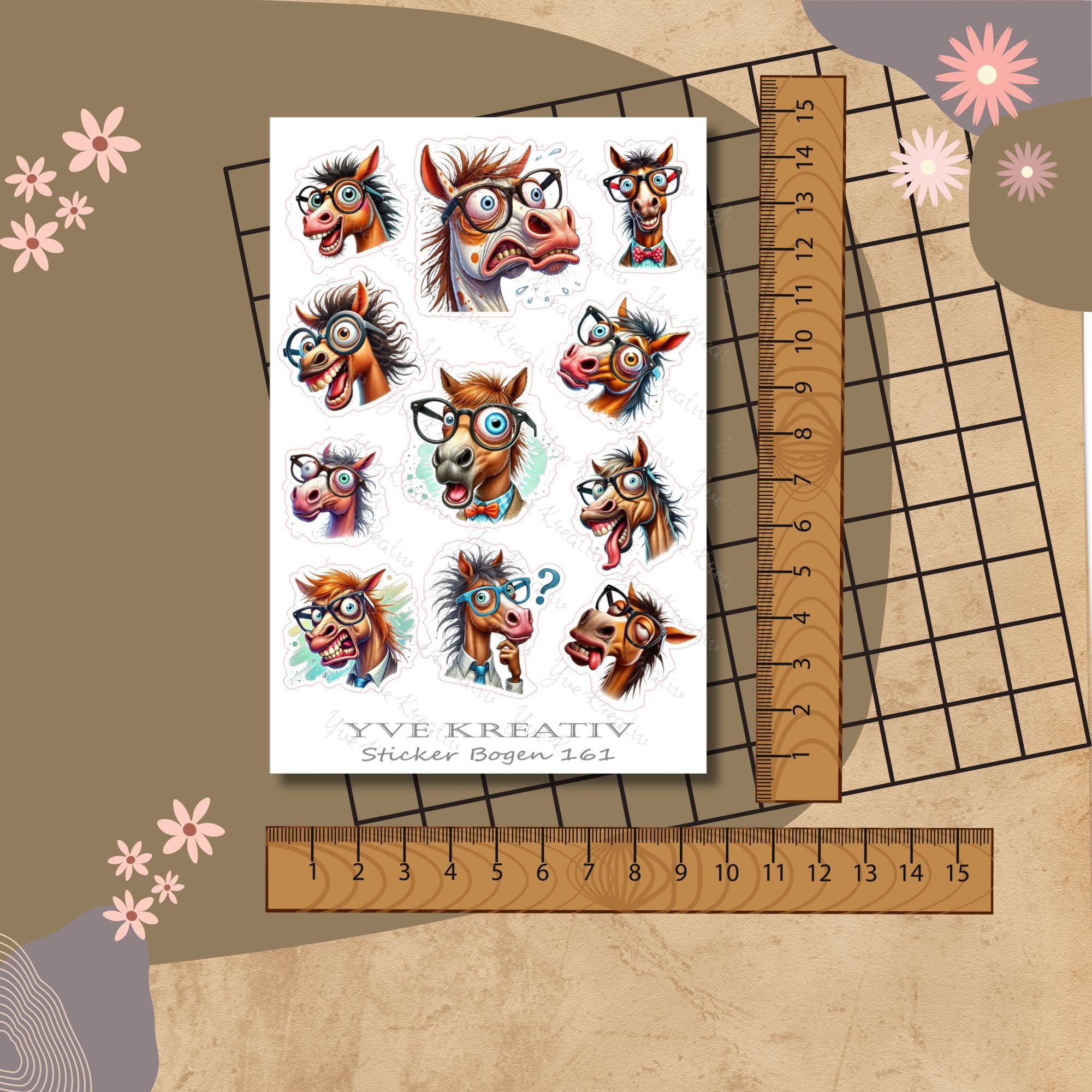 Aufkleber, Sticker Bogen, Lustige Pferde, Funny Animal | Sticker Set - 3 Stickerbogen zur Auswahl in Weiß - Transparent - Matt - Glanz #SBA6