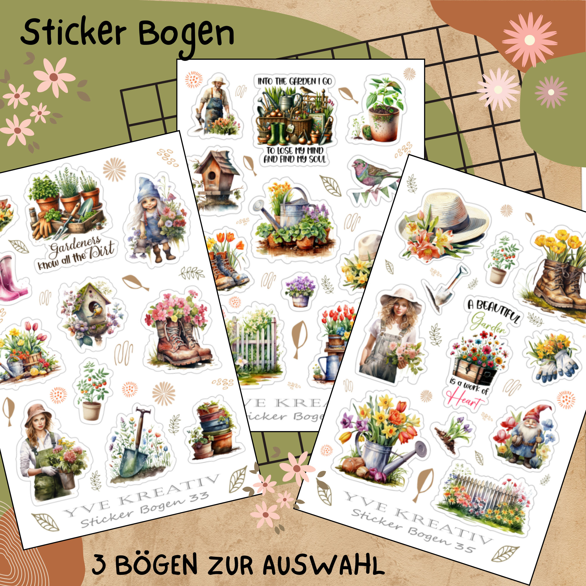 Sticker Bogen " Frühling Pflanzen Garten " | Sticker Set - Aufkleber 3 Stickerbogen zur Auswahl in Weiß - Transparent - Matt - Glanz