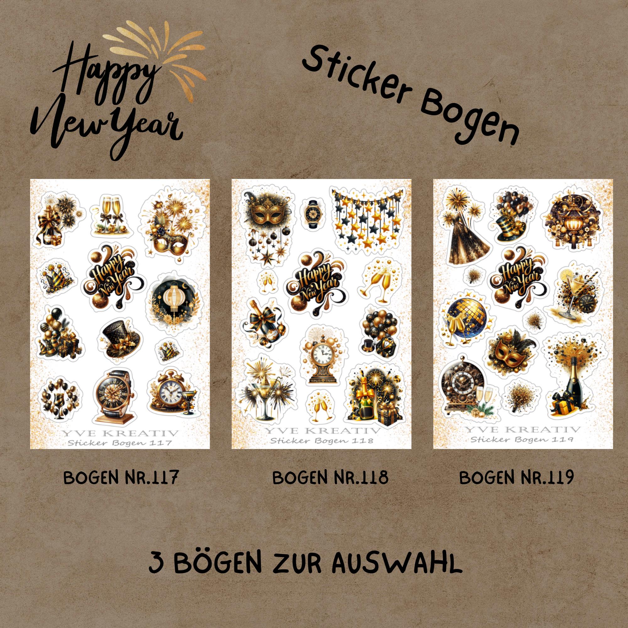 Aufkleber Sticker Bogen "Happy New Year, Silvester" | Sticker Set - 3 Stickerbogen zur Auswahl in Weiß - Transparent - Matt - Glanz  #SBA6