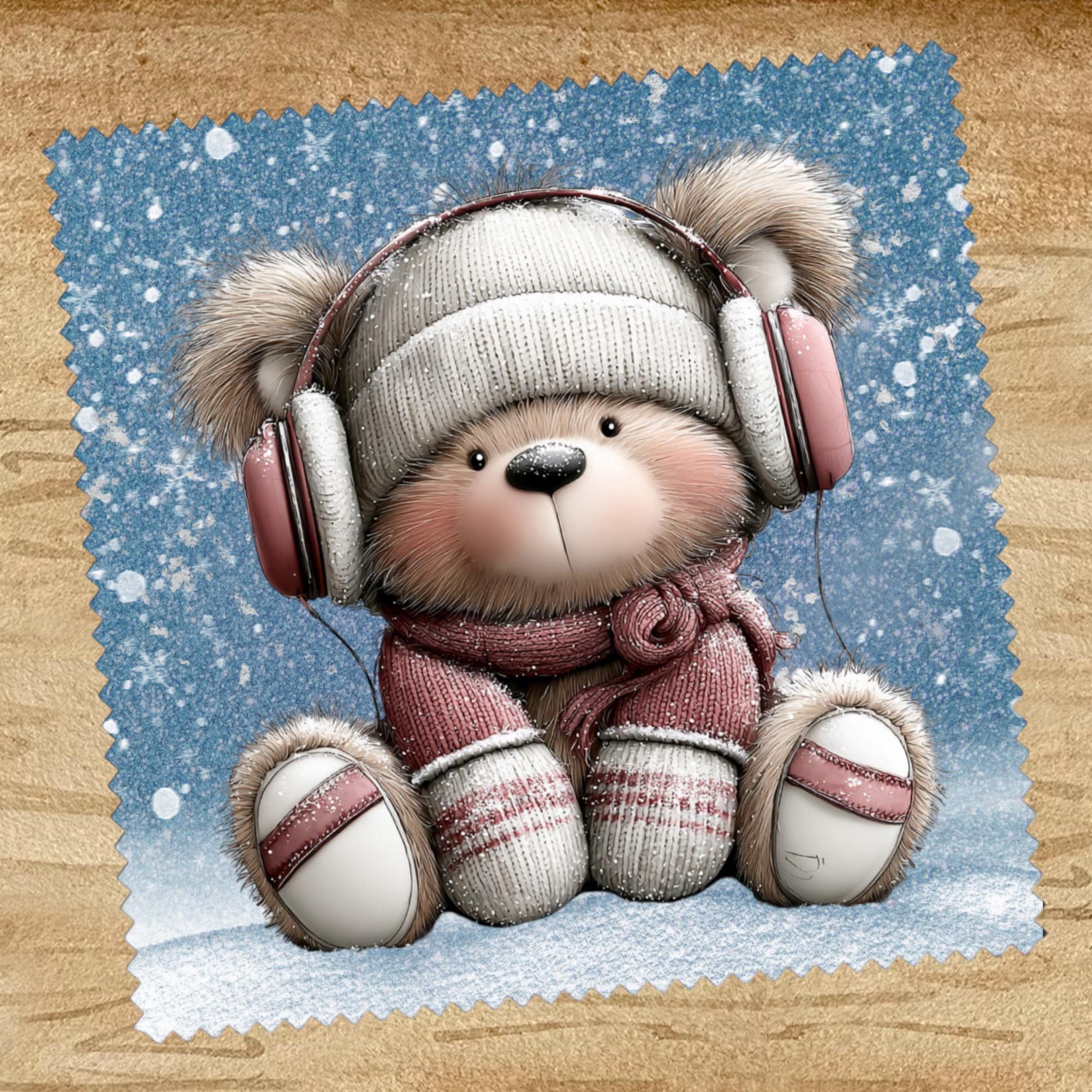 Brillenputztuch Musik Kopfhörer Teddybär bedrucktes Mikrofasertuch für Brille Display Handy Sonnenbrille Größe 15x15 cm oder 20x20 cm #MC20