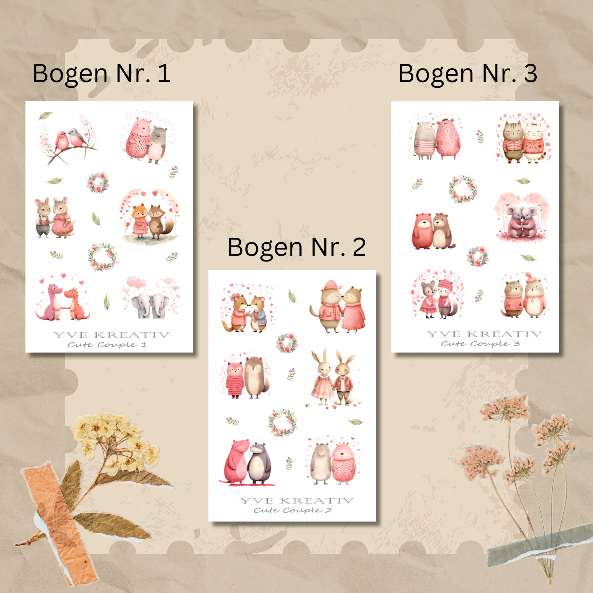 Sticker Bogen Aufkleber "Cute Couple" | Sticker Set - 3 Stickerbogen zur Auswahl in Weiß - Transparent - Matt - Glanz  #SBA6