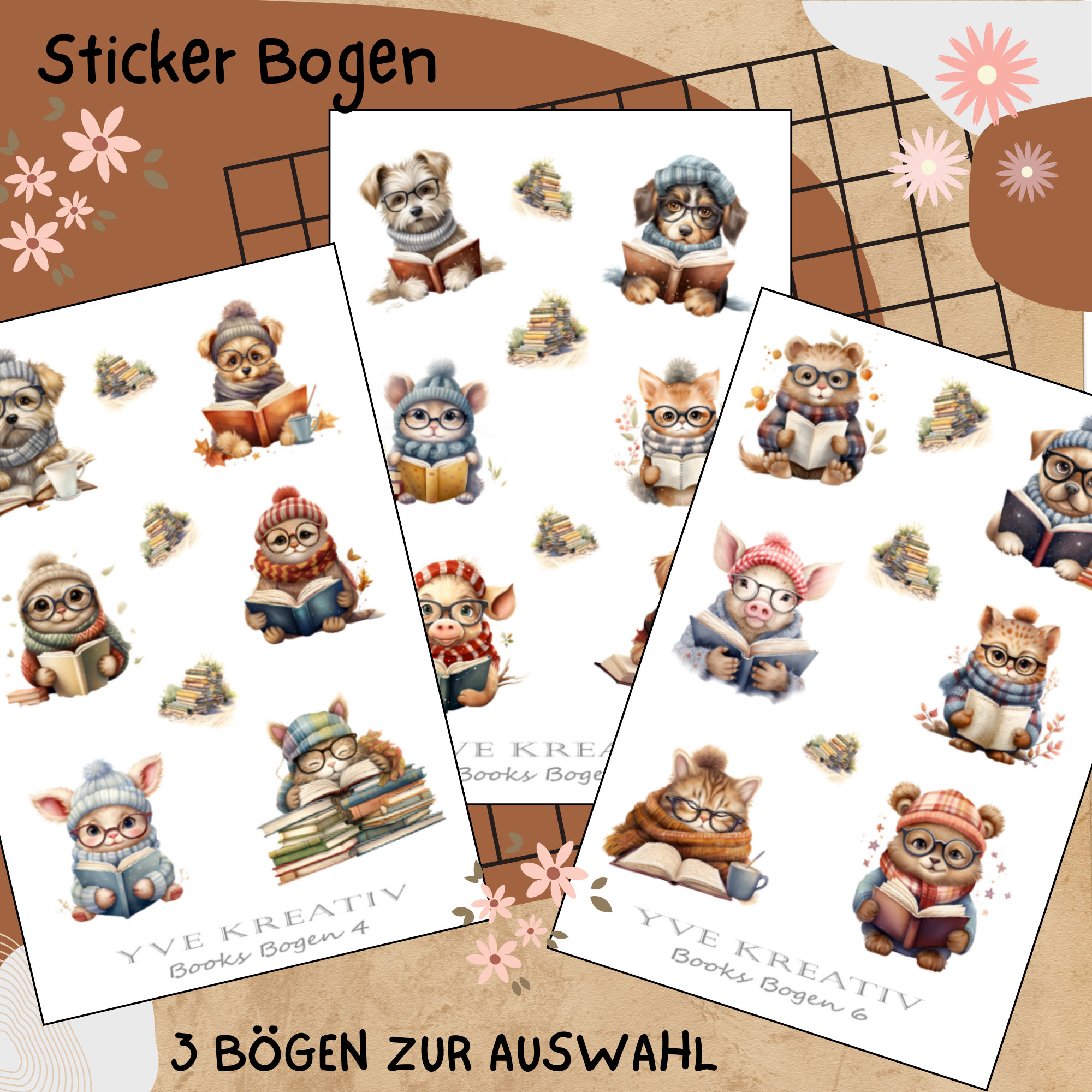 Sticker Bogen " Bücher Lesen - Tiere " | Sticker Set - Aufkleber 3 Stickerbogen zur Auswahl in Weiß - Transparent - Matt - Glanz  #SBA6