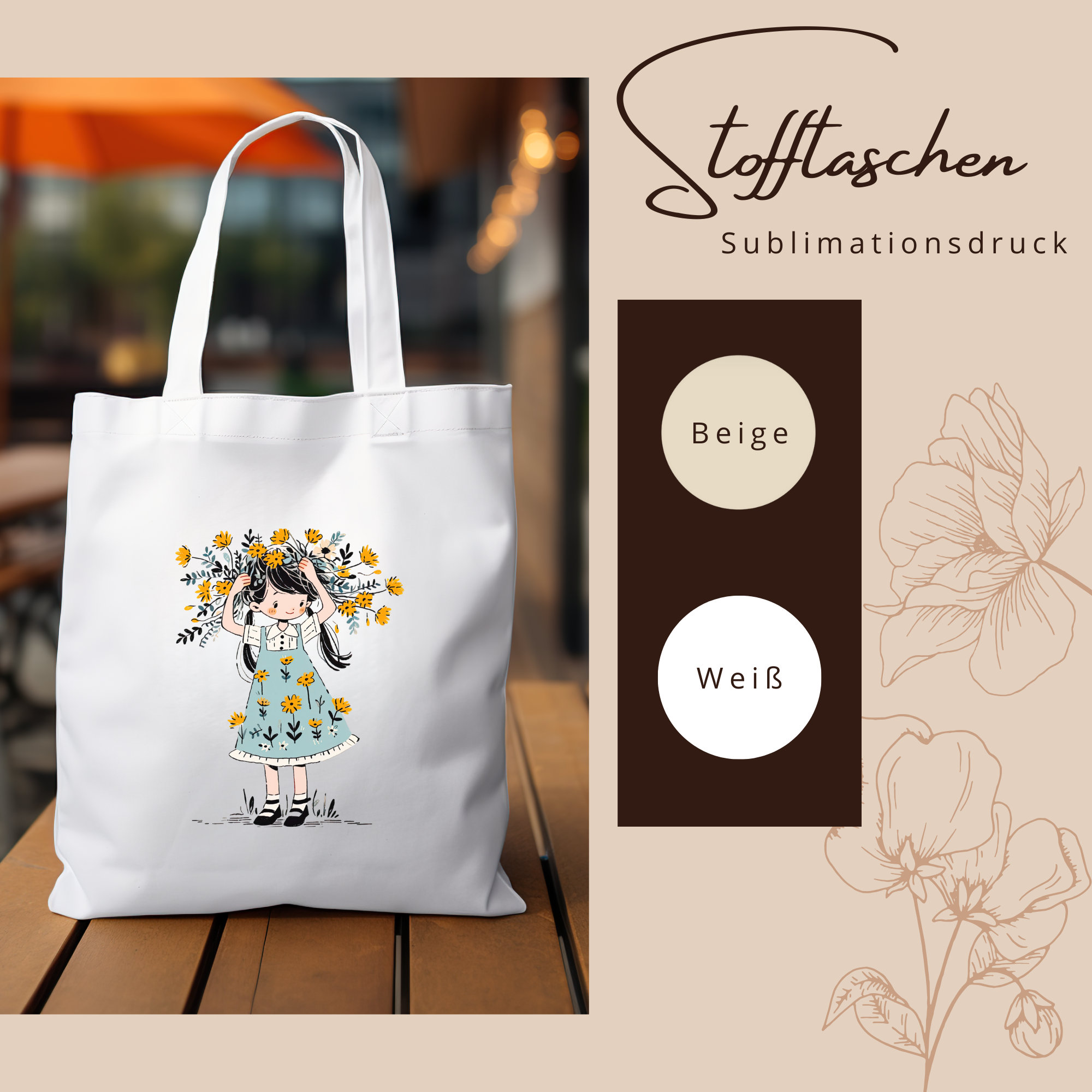 Stofftasche, Stoffbeutel, Einkaufstasche, Tasche, Geschenk, in Weiß oder Beige "Blumenmädchen"