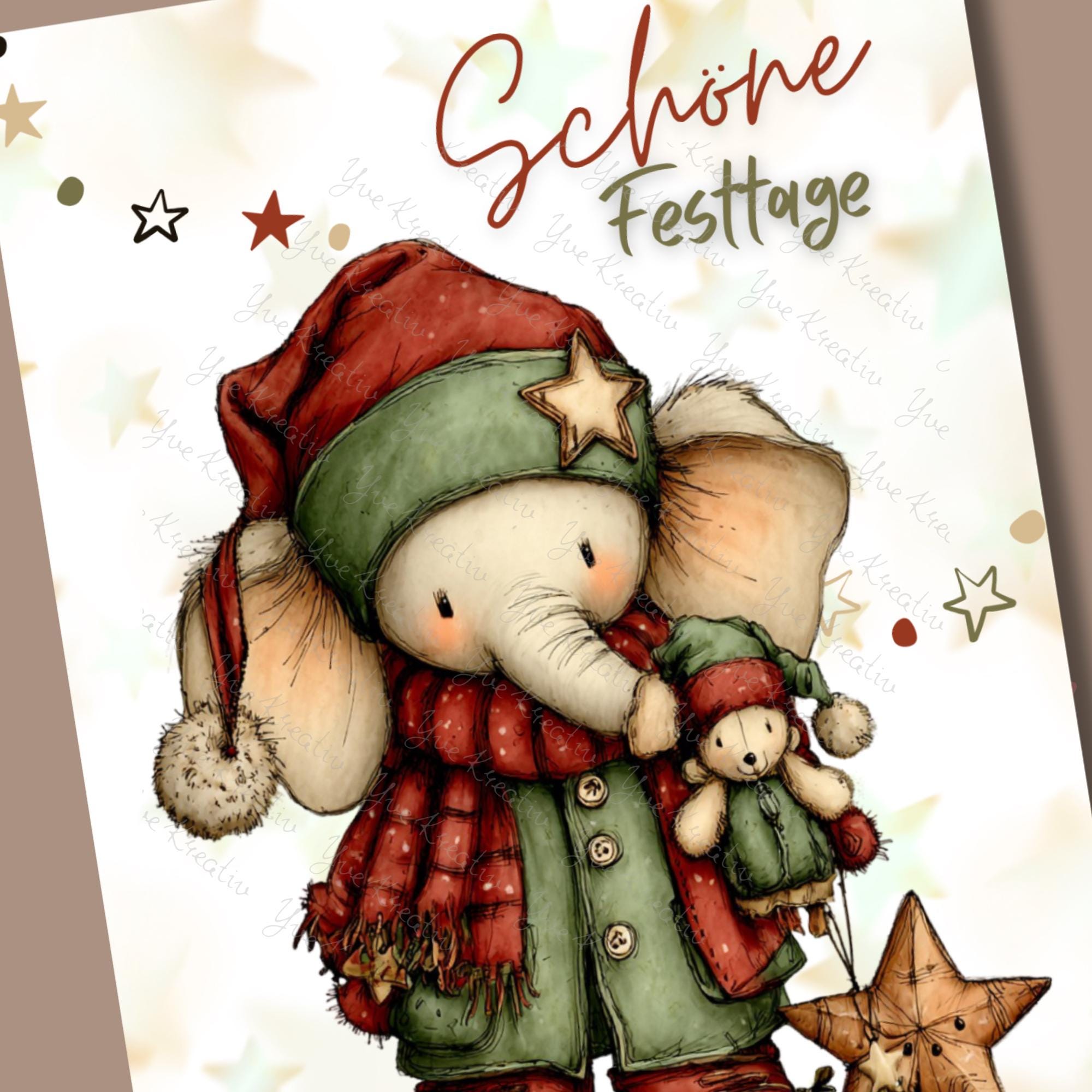 Postkarte niedlicher Weinachts Elefant Grußkarte Karte zu Weihnachten Weihnachtskarte Geschenkkarte Leinenstruktur Karte A6 #PWE184