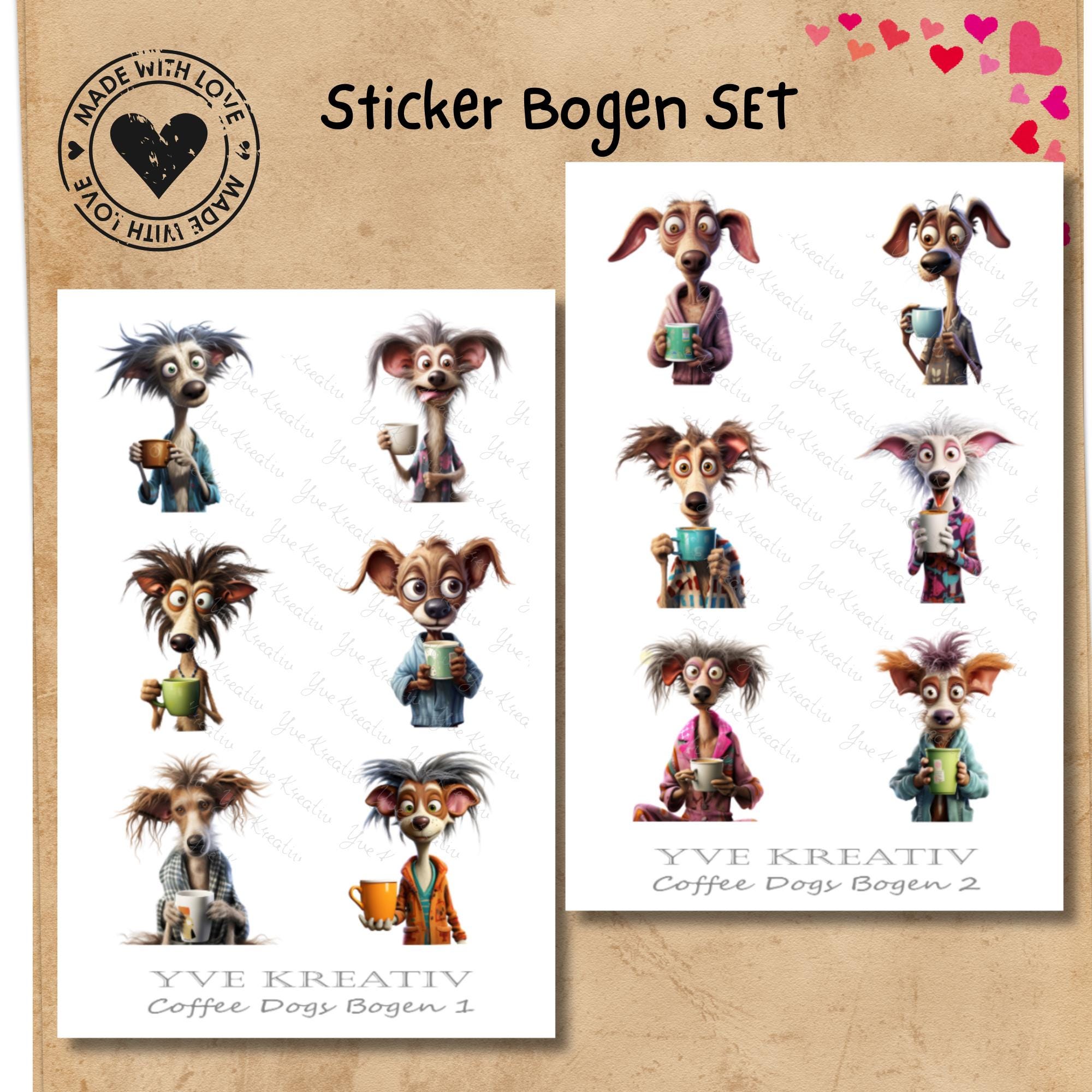 2 Stickerbogen SET Kaffee Hunde Aufkleber Sticker Kaffeeliebhaber | Sticker Set zur Auswahl in Weiß - Transparent - Matt - Glanz #SBA6