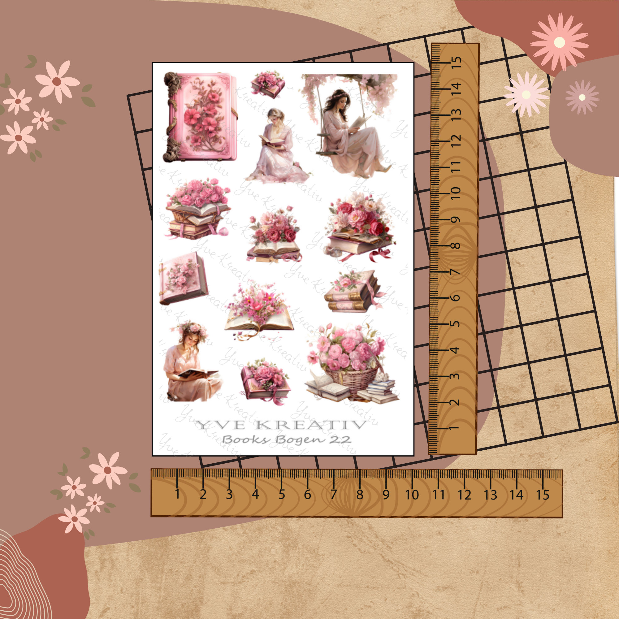 Sticker Bücher romantische Aufkleber rosa  13 Sticker Set Stickerbogen  -  Weiß - Transparent - Matt - Glanz  #SBA6