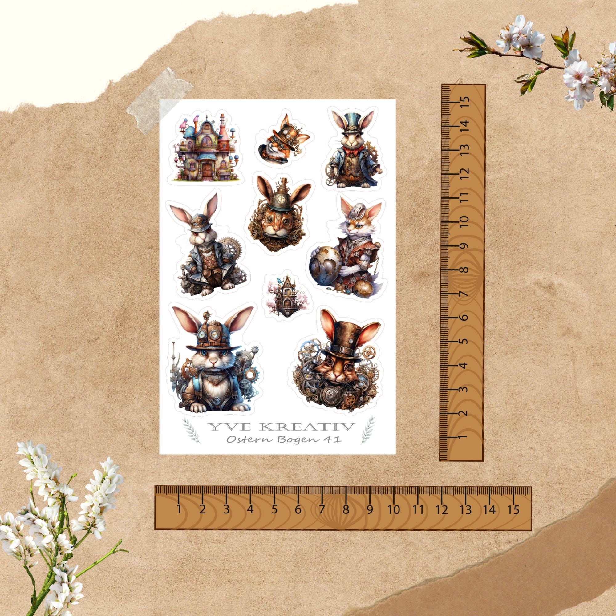 Sticker Bogen Aufkleber "Ostern Steampunk" | Sticker Set - 4 Stickerbogen zur Auswahl in Weiß - Transparent - Matt - Glanz #SBA6 Sticker Bogen Aufkleber "Ostern Steampunk" | Sticker Set - 4 Stickerbogen zur Auswahl in Weiß - Transparent - Matt - Glanz #SBA6
