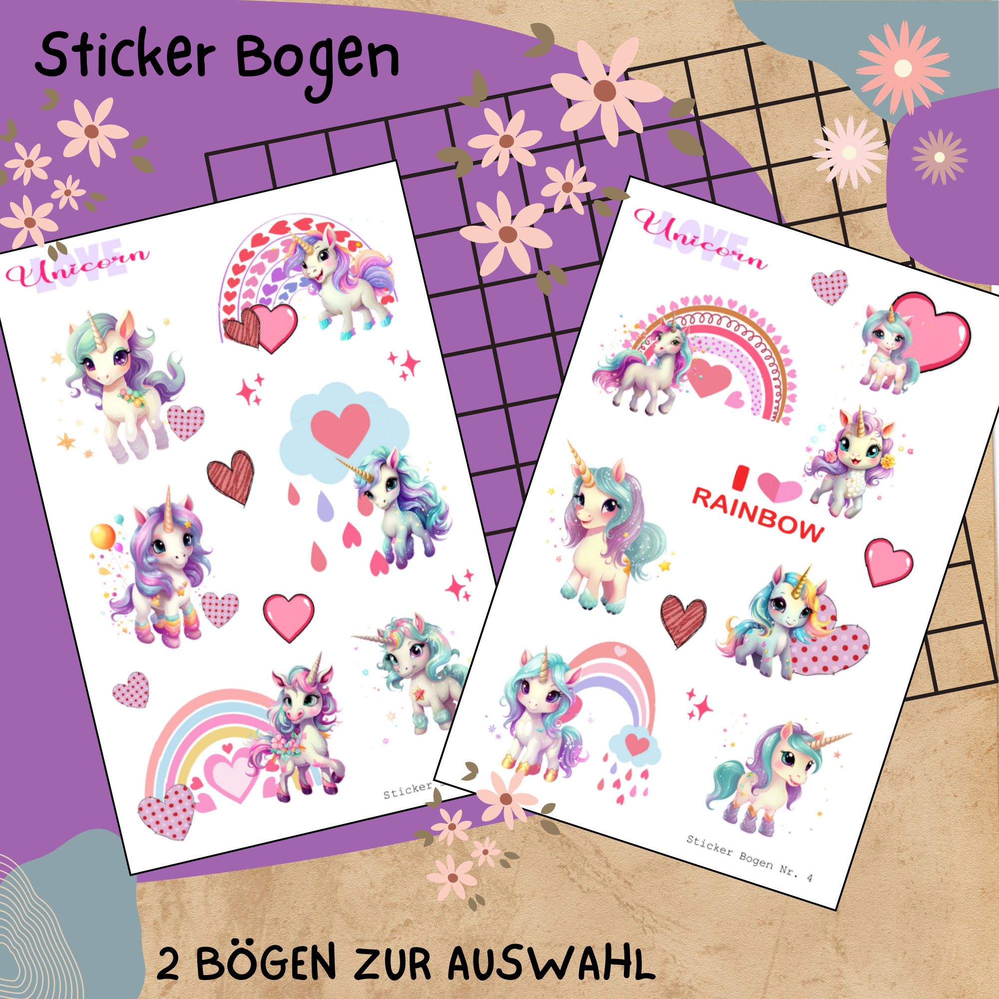 Sticker Bogen " Einhorn - Unicorn Love " | Sticker Set - Aufkleber 2 Stickerbogen zur Auswahl in Weiß - Transparent - Matt - Glanz  #SBA6