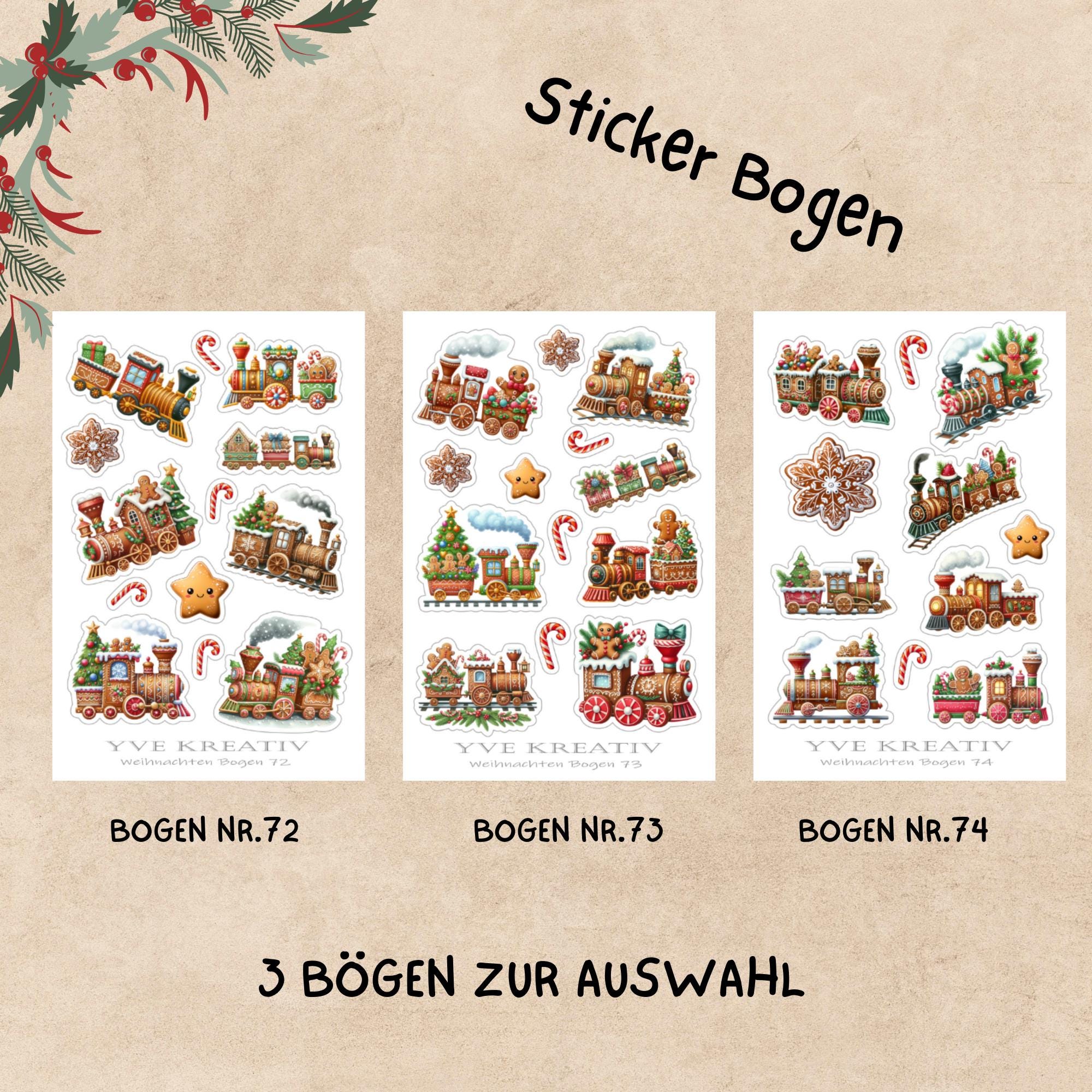 Aufkleber Stickerbogen Weihnachten Zug Lokomotive Lebkuchen | Sticker Set - 3 Bögen zur Auswahl in Weiß - Transparent - Matt - Glanz  #SBA6