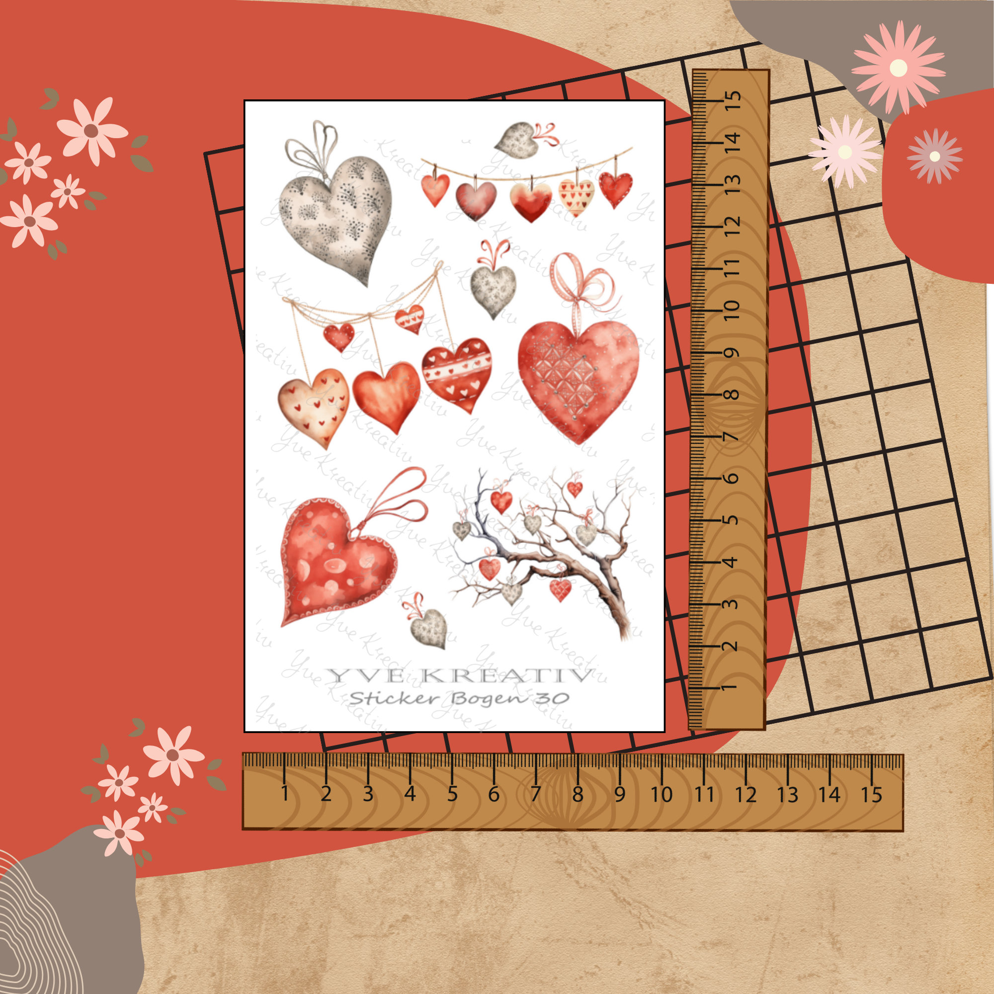Sticker Bogen " Herzen " | Sticker Set - Aufkleber 3 Stickerbogen zur Auswahl in Weiß - Transparent - Matt - Glanz